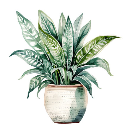 House plant in pot, watercolor illustration, isolated clipart on white background, green leaves, flowerの素材