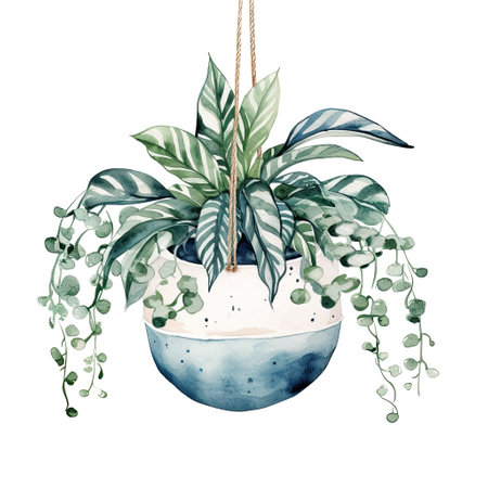 House plant in pot, watercolor illustration, isolated clipart on white background, green leaves, flowerの素材