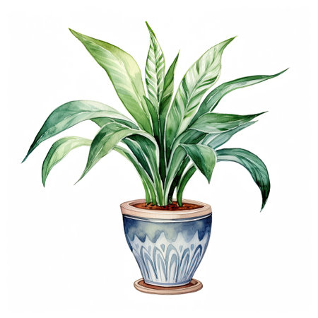 House plant in pot, watercolor illustration, isolated clipart on white background, green leaves, flowerの素材