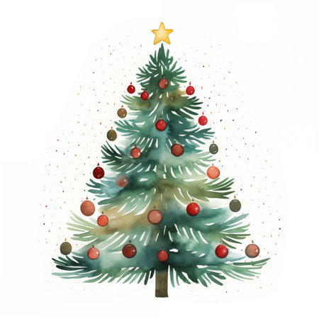 Watercolor illustration of a Christmas tree. Isolated clipart on white backgroundの素材