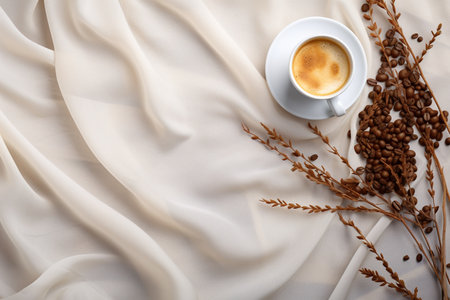 Cup of coffee on a white background, empty space for design, grains, surface, bannerの素材