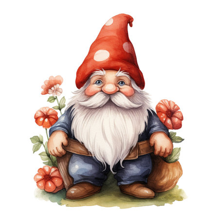 Watercolor garden gnome in a cap, cute illustration on a white backgroundの素材