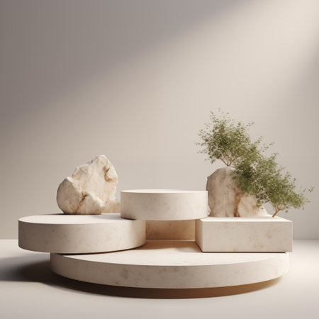 Minimalistic white stone podium stage for product presentation. Empty space for displayの素材
