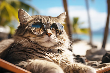 Fat purebred gray British cat in sunglasses on the beachの素材