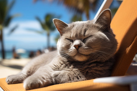 Cute purebred gray British cat resting on the beachの素材