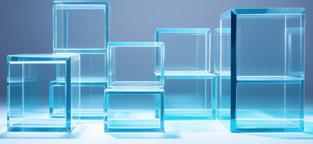 Background with a group of blue glass cubesの素材