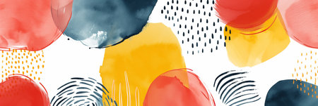 Abstract colorful artwork with red, blue, and yellow spots, blurred watercolor shades, and graphic elementsの素材