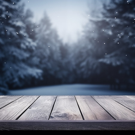 Wooden tabletop against the backdrop of a winter forest landscape, podium, stage for displaying goodsの素材