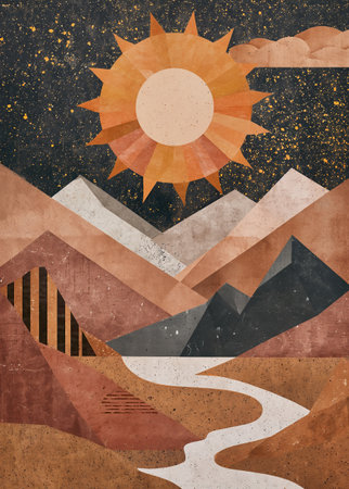 Stylized sun and mountains painting with a warm, earthy palette on textured canvas, ideal for modern decor themes, wall art, ptintable in boho styleの素材