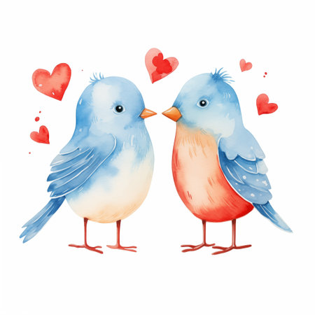 Two adorable cute watercolor lovely birds, clipart on white background for valentine day. Single element for design, card, sublimation, printの素材