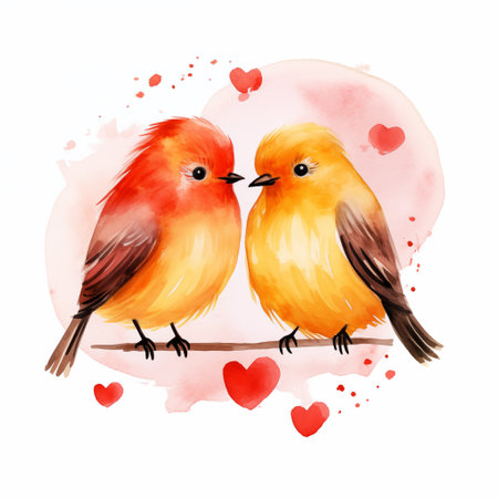 Two adorable cute watercolor lovely birds, clipart on white background for valentine day. Single element for design, card, sublimation, printの素材