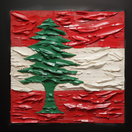 Powerful and textured depiction of the Lebanese flag, showcasing the iconic green cedar tree symbol set against the bold red and white stripes, symbolizing strength, resilience, and national prideの素材