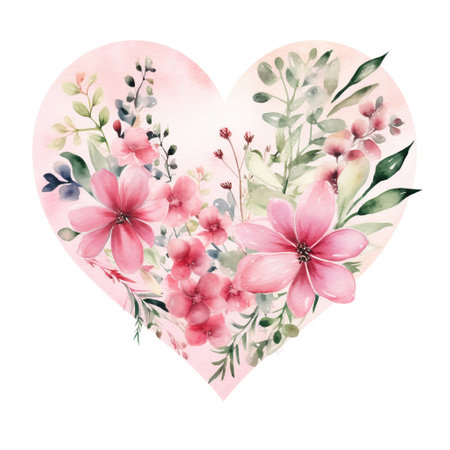 Watercolor heart framed by blossoming flowers, ideal for love-themed projects. Ideal for Valentine's Day, wedding invitationsの素材