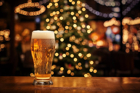 Festive cold beer glass against a bokeh light Christmas tree backgroundの素材