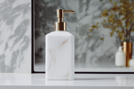 Elegant marble-patterned soap dispenser with gold pump on a bathroom counter, reflecting in a mirror. Empty bottle mockupの素材