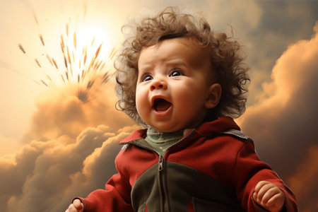 Amazed infant with curly hair looking up in awe at a spectacular explosion of light in the skyの素材