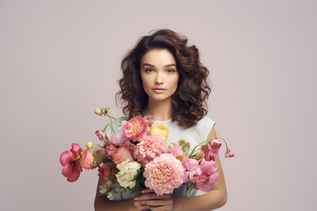 Elegant brunette with luscious curls holding a bouquet of blooming pink flowers, exuding natural beauty and graceの素材