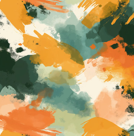 Abstract art painting with vibrant orange and teal brush splatters, evoking creativity and emotionの素材