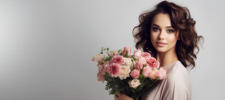 Enchanting brunette with a serene smile holding a bouquet of pink flowers on a gray backgroundの素材