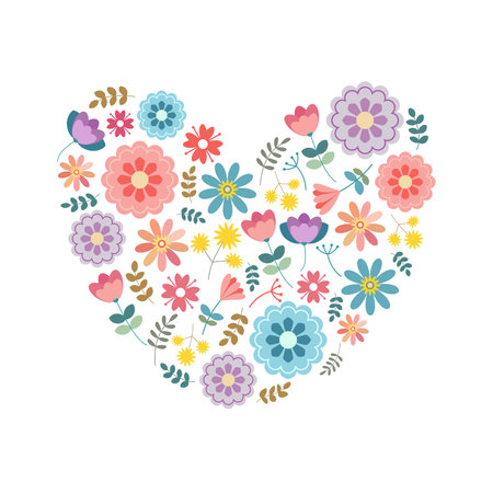 Cute vector illustration of a heart shape made up of different flowersのイラスト素材
