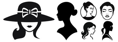 Vector collection of women silhouettes in black color, elegant lady, profile, fashion, beautyのイラスト素材