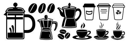 Various coffee and tea equipment silhouettes including French press, moka pot, teapot, coffee cups, and beans on a white background, representing the concept of beverage preparationのイラスト素材
