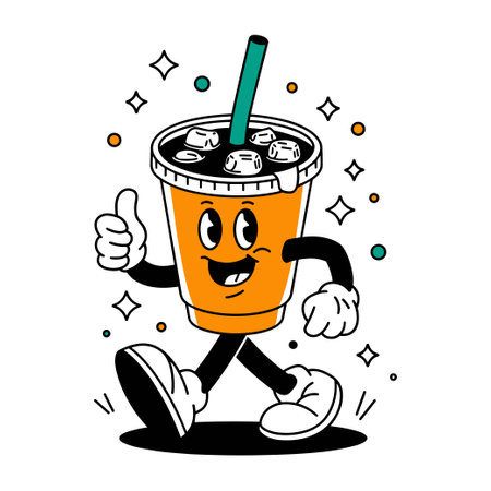 Cute whimsical cartoon coffee cup went out for a walk, vector single imageのイラスト素材
