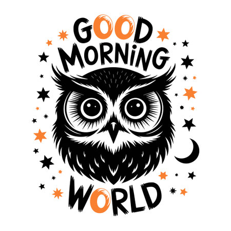 A black and orange owl with a star on its head that says "Good Morning World", vector text imageのイラスト素材