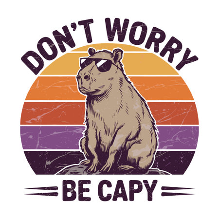 A capybara with sunglasses on a rock with the words "Don't worry be cappy" written around itのイラスト素材