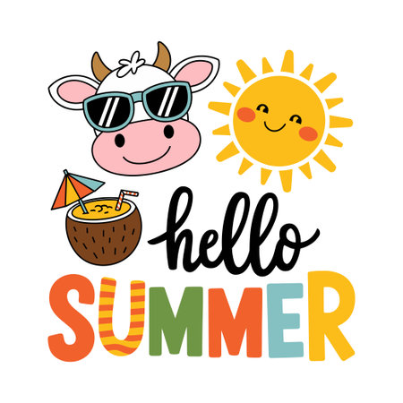 A cow wearing sunglasses and a sun hat is smiling and holding an umbrella. Text image Hello summerのイラスト素材