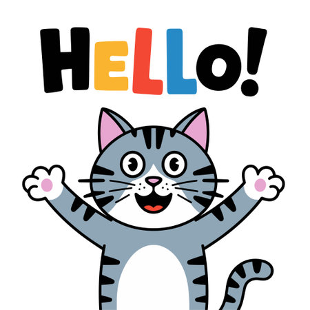 A cat is smiling and waving at the camera with the words "Hello!" written below itのイラスト素材