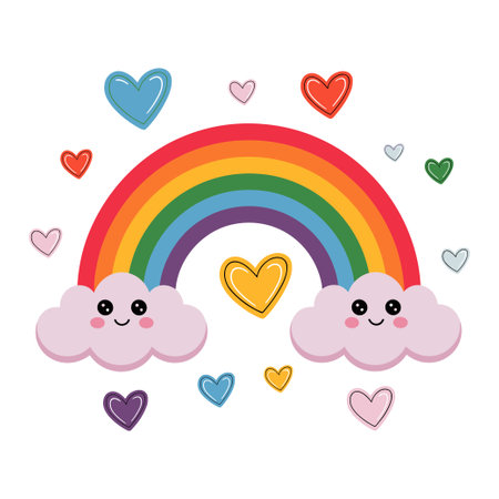 Bright rainbow arches over smiling clouds, surrounded by various colorful hearts, creating a joyful and optimistic scene suitable for children's rooms or playful designs.のイラスト素材
