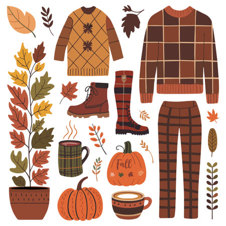 Collection of fall clothing and accessories, including a pumpkin, a mug, and a sweater. Cozy and warm atmosphereのイラスト素材