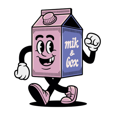 Retro character of walking milk carton with a cheerful expression and cartoonish style colorful designのイラスト素材