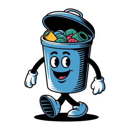 Cartoon trash can with arms and legs walking, colorful trash inside, white background, vector imageのイラスト素材