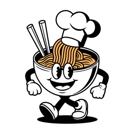Retro cartoon character chef happily serving noodles in a bowl with chopsticks, showcasing a playful and fun vibeのイラスト素材