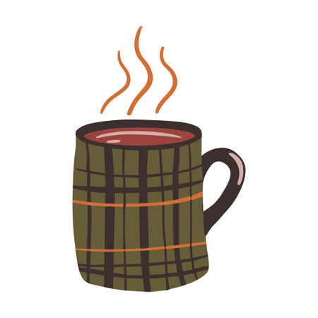 Cozy autumn vibes with a steaming mug of warm beverage in a plaid cup, vector flat illustrationのイラスト素材