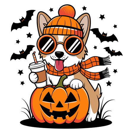 Cute corgi in sunglasses and knitted hat holding coffee next to pumpkin for a fun Halloween designのイラスト素材