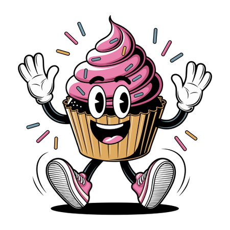 A delightful retro cupcake character features a large pink swirl of frosting, expressive eyes, and a cheerful smileのイラスト素材