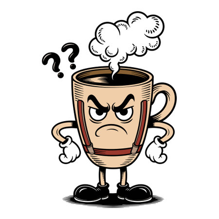 Angry coffee cup character with steam and question marksのイラスト素材