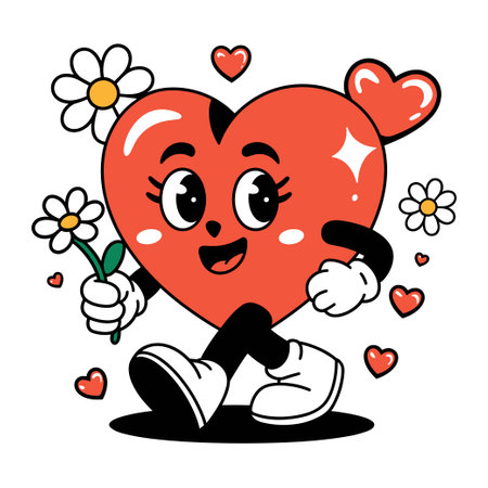 Vector heart character happily holding flower while surrounded by hearts and daisies in playful cartoon styleのイラスト素材