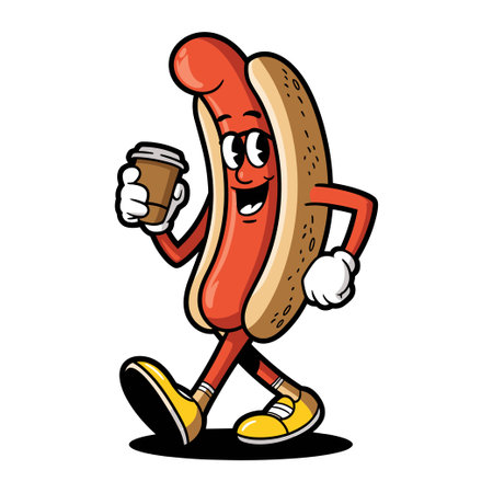 A cheerful, anthropomorphic hot dog character strolls confidently while holding a cup of coffeeのイラスト素材