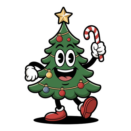 Cheerful cartoon Christmas tree character with ornaments, wearing shoes and gloves, holding a candy caneのイラスト素材