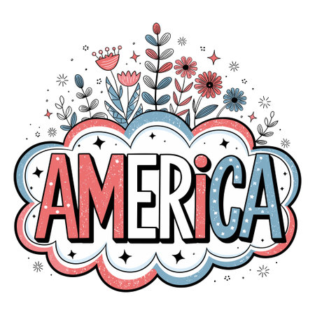 Hand drawn America text in red, white, and blue with floral decorations and clouds on a white background. Patriotic and festive conceptのイラスト素材