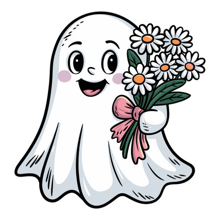 Cute hand drawn ghost holding bouquet of flowers in whimsical art style with cheerful expressionsのイラスト素材