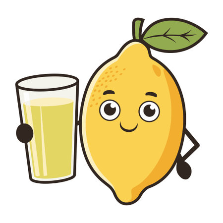 Cute lemon character holding a glass of juice with a smile on white background, vector illustrationのイラスト素材