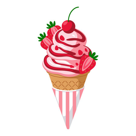Bright and colorful strawberry soft serve ice cream sits atop a classic cone, adorned with fresh strawberries and a cherry. Perfect summer treat for ice cream loversのイラスト素材