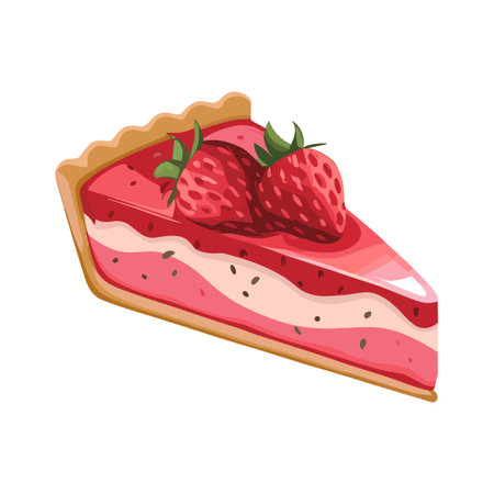 Delicious strawberry pie slice with creamy layers and fresh berries on top, vector food dessert...