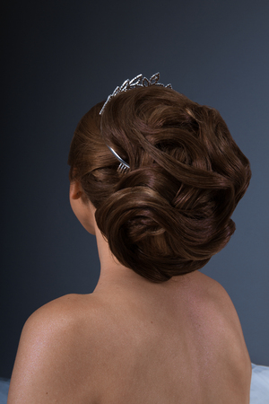Unique stock image of muslim model with bridal make up and hair style, wedding henna on blue backgroundの写真素材