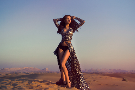 Gorgeous girl in the desert posing in the long evening dress looking sexy and glamurious, copy spaceの写真素材